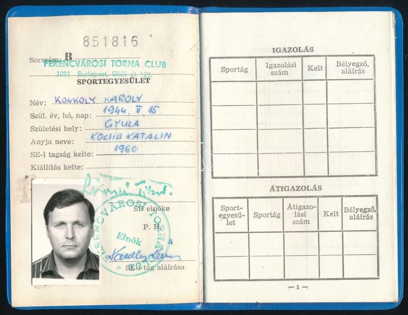 1983 Ferencvárosi Torna Club (FTC) fényképes tagsági könyv