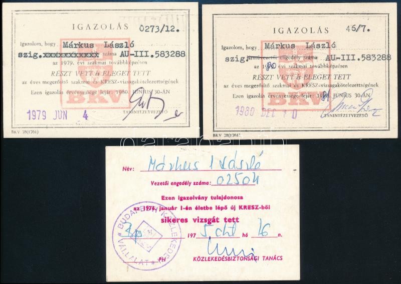 1975-1980 3 db BKV KRESZ-vizsga igazolvány