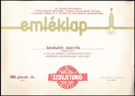 1980 'Ki tud többet a Szovjetunióról?' vetélkedő emléklapja, rajta a moszkvai olimpia logójával