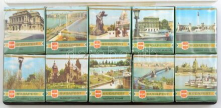 Budapest nevezetességei, 10 db-os cigaretta sorozat, Egri Dohánygyár, 1970 körül. Bontatlanok, eredeti műanyag díszdobozban, 30,5x14,5 cm