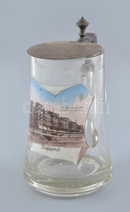 cca 1900 Budapest Hungária szálloda. Üveg emlékkorsó ón fedéllel . Matricás, kopással. 18 cm