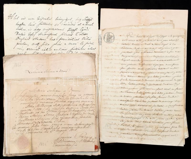 1810-1856 11 db vegyes XIX. századi okmány, irat (nyugták, elismervények, stb.), több nyelven (magyar, német, latin, francia), száraz- és viaszpecsétekkel, az egyiken okmánybélyeggel