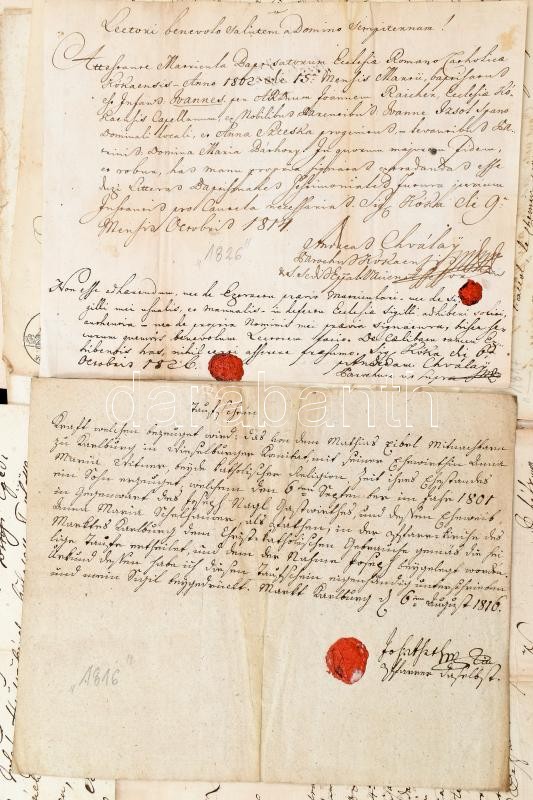 1810-1856 11 db vegyes XIX. századi okmány, irat (nyugták, elismervények, stb.), több nyelven (magyar, német, latin, francia), száraz- és viaszpecsétekkel, az egyiken okmánybélyeggel - Image 2