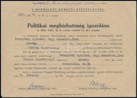 1948 Debrecen, a Nemzeti Bizottság igazolása politikai megbízhatóságról