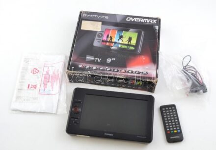 Overmax 9' (23 cm) képátlójú hordozható LCD TV, tartozékaival, eredeti, sérült dobozában, működik, típus: OV-PTV-212