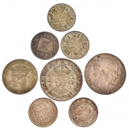 1922-1945. 8db klf Ag érme, közte Franciaország 1934. 10Fr Ag + Nagy-Britannia 1942. 2Sh Ag 'VI. György' T:2-3 patina 1922-1945. 8pcs of diff Ag coins, with France 1934. 10 Francs Ag + Great Britain 1942. 2 Shilling Ag 'George VI' C:XF-F patina