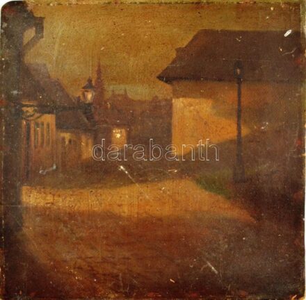 Olvashatatlan jelzéssel: Tabáni utcá éjjel. Olaj, karton. 50x50 cm