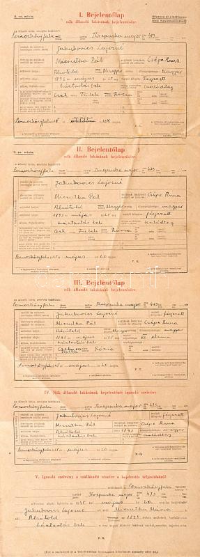 1945 Bejelentőlap a nők állandó lakásának bejelentésére, Somoskőújfalu (Nógrád) község lakosa által kitöltve, 59x21 cm