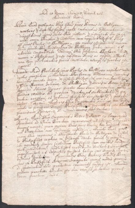 1667 Szombathely (Sabaria), a pinkafői Batthyány-kastéllyal kapcsolatos latin nyelvű hagyatéki irat, korabeli másolat