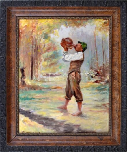 Olvashatatlan jelzéssel, feltehetően a XX. sz. második felében működött magyar festő: Ivó fiú. Olaj, vászon, Dekoratív, kissé sérült fakeretben. 49x39 cm