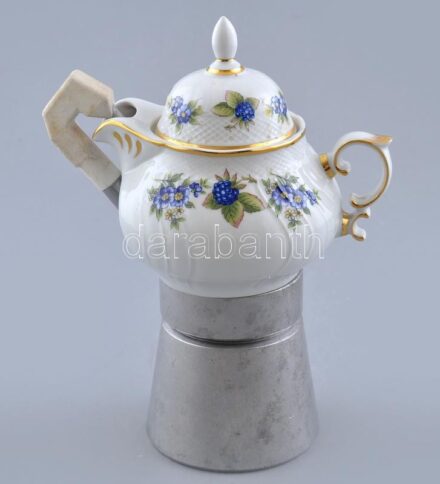 Retró kotyogós kávéfőző Hollóházi szedermintás porcelán kiöntővel, matricás, jelzett, apró kopásokkal, m: 26 cm
