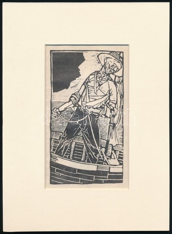 Kondor Béla (1931-1972): Csónakos. Fametszet, papír, paszpartuban 13×7,5 cm
