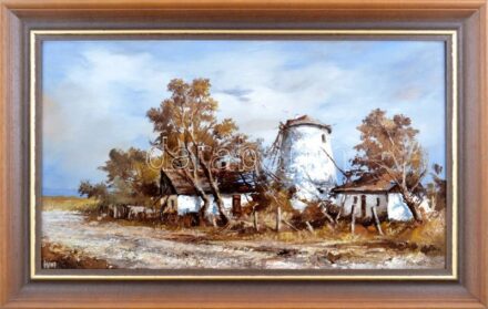 Sipos István (1945-): Öreg malom. Olaj, farost. Jelzett. Hátoldalán autográf felirattal. Dekoratív fa keretben, 40×70 cm