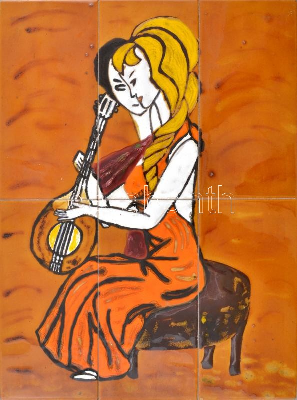 Tóthné jelzéssel: Mandolinozó hölgyek. Nagy méretű, 6 tagból álló fali kerámiakép, farostlemezre applikálva. 40,5x30 cm