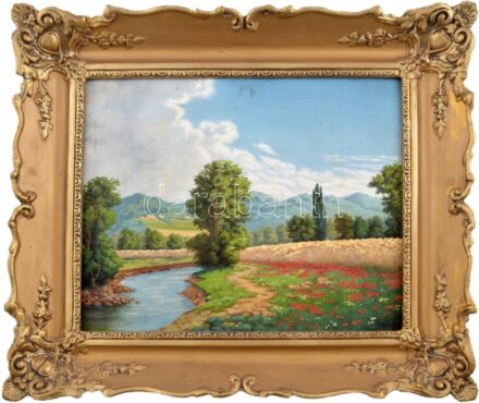 Nyáry jelzéssel: Napfényes táj. Olaj, karton. Dekoratív fakeretben, 35×44 cm
