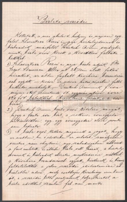1898 Pestszentlőrinci kávéház bérleti szerződése két izraelita személy között. Kézirat két példányban
