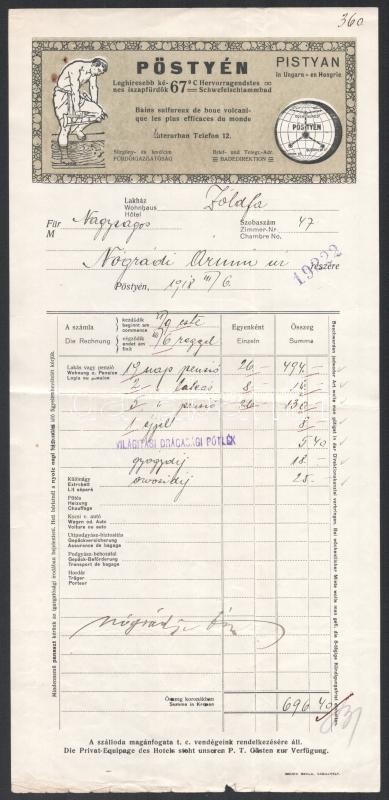 1918 Pöstyén, leghíresebb kénes iszapfürdők fejléces számla