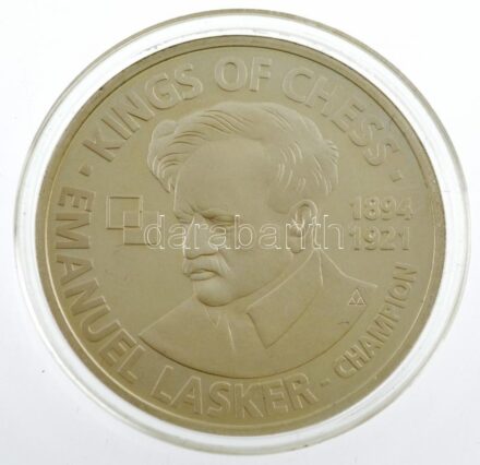 Jugoszlávia 1995. 'A sakk királyai - Emanuel Lasker' jelzett Ag emlékérem eredeti tokban, tanúsítvánnyal (31,40g/0.925/32mm) T:1- (PP) ujjlenyomat Yugoslavia 1995. 'Kings of chess - Emanuel Lasker' hallmarked Ag commemorative medallion in