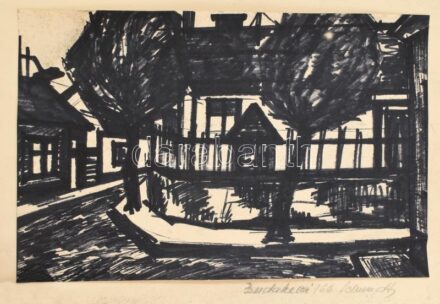 Schmidt Rudolf (?-): Budakeszi részlet, 1966. Filctoll, papír. Jelzett. Kartonra kasírozva. Feltekerve. Karton sérült, mű ép. 20x30 cm