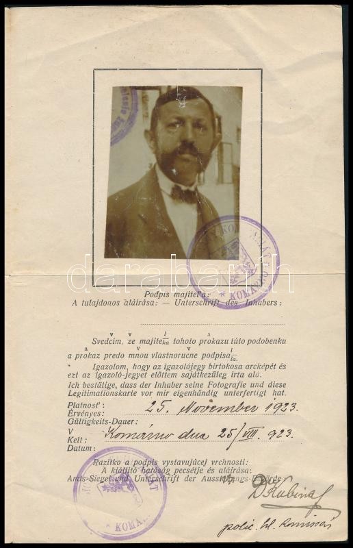 1923 Cseh, magyar nyelvű igazoló kártya fényképpel