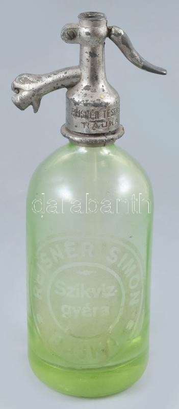 Régi szódásüveg, Reisner Simon Szikvízgyára, Rajka (Reisner Testvérek), savmaratott, anyagában színezett üveg, jelzett ón fejjel (Kont Oszkár Bp., 1933), 0,5 l, korának megfelelő állapotban, m: 26,5 cm
