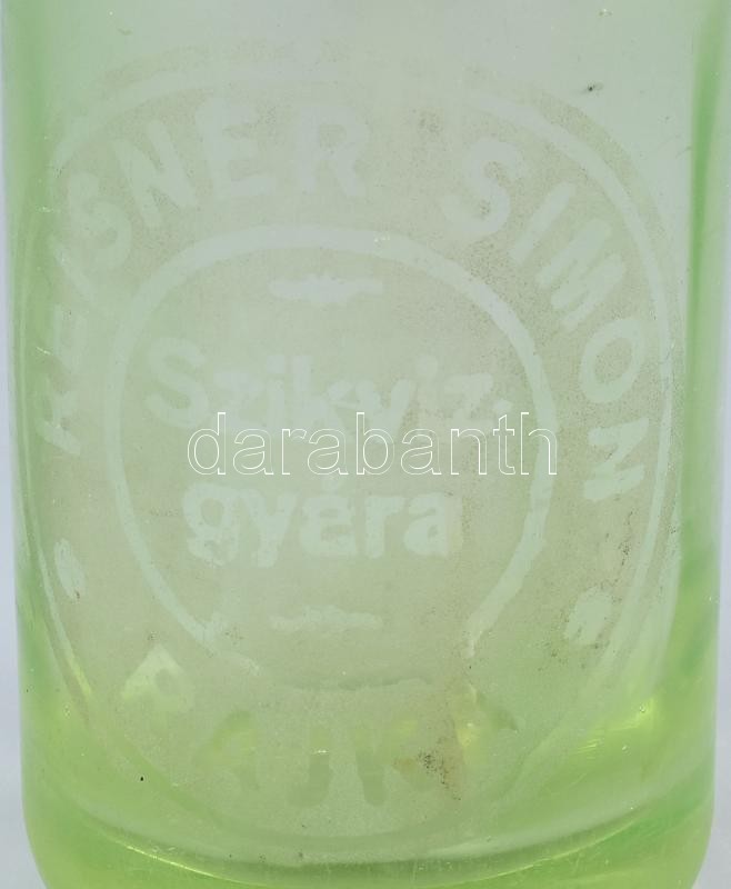 Régi szódásüveg, Reisner Simon Szikvízgyára, Rajka (Reisner Testvérek), savmaratott, anyagában színezett üveg, jelzett ón fejjel (Kont Oszkár Bp., 1933), 0,5 l, korának megfelelő állapotban, m: 26,5 cm - Image 2