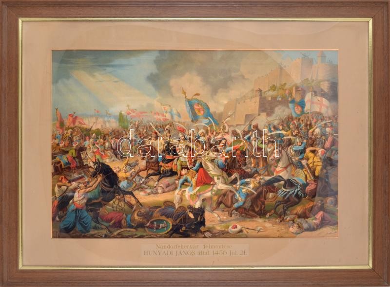 Nándorfehérvár felmentése Hunyadi János által 1456. jul. 21. Kromolitográfia, papír, jelzés nélkül. Bogner, Anton (1812-1859) után, 1900 körül. Üvegezett fakeretben, 52,5x79 cm