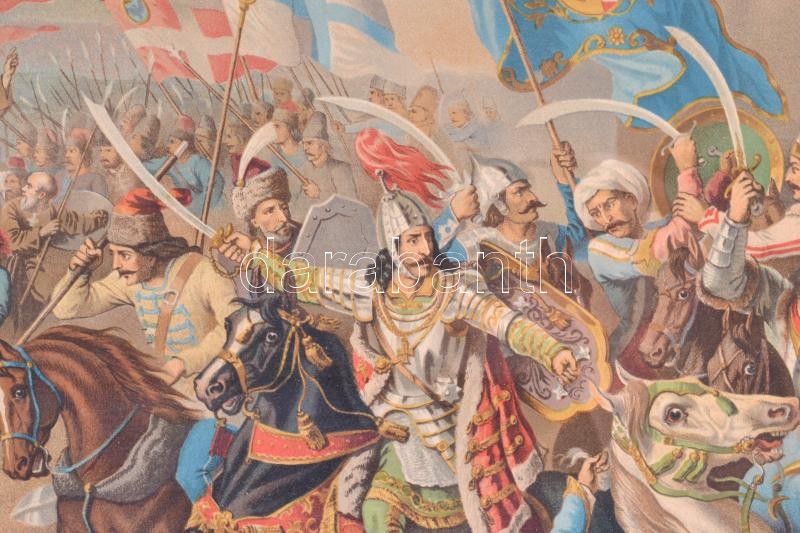 Nándorfehérvár felmentése Hunyadi János által 1456. jul. 21. Kromolitográfia, papír, jelzés nélkül. Bogner, Anton (1812-1859) után, 1900 körül. Üvegezett fakeretben, 52,5x79 cm - Image 2