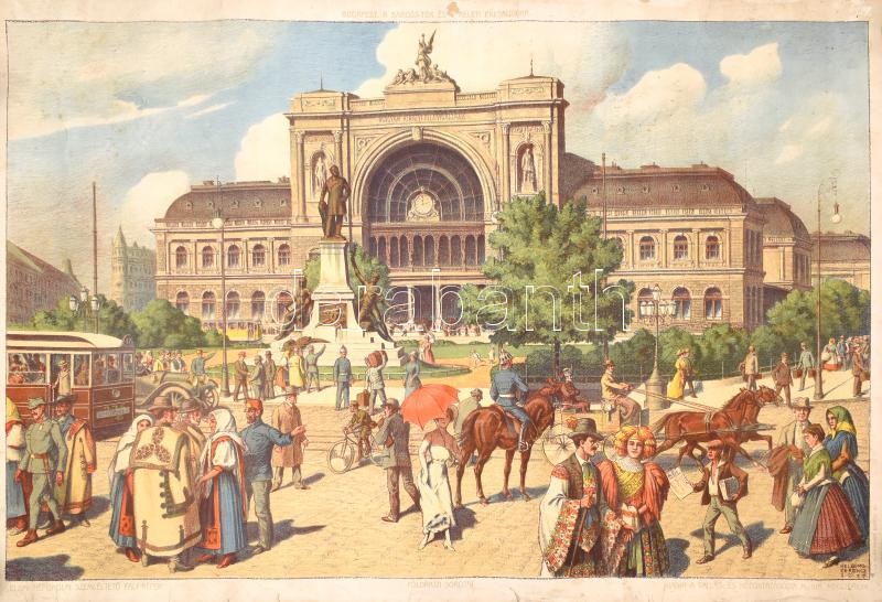 Budapest, Baross tér és a Keleti pályaudvar, litográfia, papír, Helbing Ferenc (1870-1958) 1917-ben készült műve után, jelzett a litográfián. Elemi népiskolai szemléltető faliképek, földrajz sorozat. M. Kir. Áll. Nyomda, 1918.