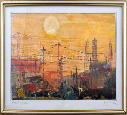 Bogár (?) Imre jelzéssel: Elhagyott gyártelep. Olaj, karton.. Dekoratív, üvegezett fakeretben, 28×43,5 cm