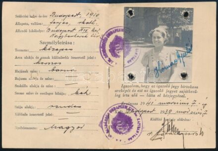 1939 Fényképes igazolójegy tisztviselőnő részére
