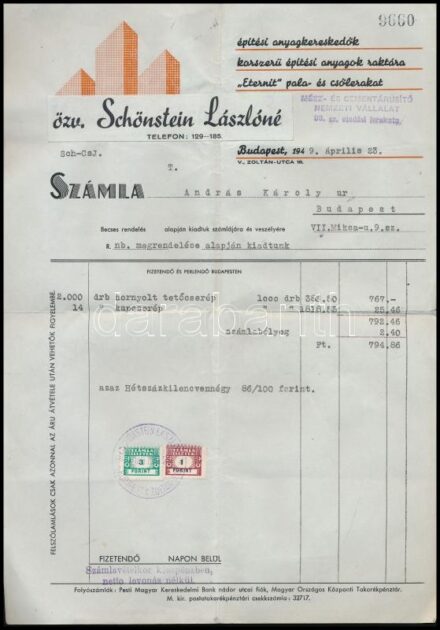 1949 özv. Schönstein Lászlóné építő anyagkereskedő fejléces számlája, 3 Ft és 1 Ft számla illetékbélyeggel, hajtott.