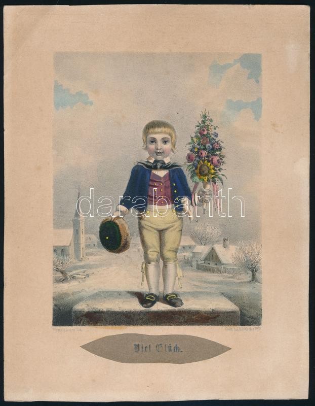 Eduard Weixelgärtner (1816-1873): Sok szerencsét (Viel Glück). Akvarellel színezett litográfia, papír. Jelzett a litográfia alatt nyomtatva. J. Höfelich özvegy nyomása. Kissé foltos. 16x12,5 cm