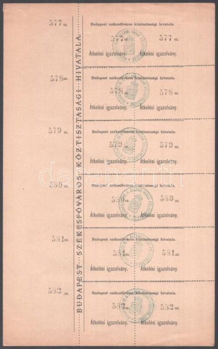 cca 1910-1930 Budapest Székesfőváros Köztisztasági Hivatala híd átkelési igazolványok, 6x2 db, sorszámozott, 'Budapesti M. K. Állami Hidak Felügyelősége' bélyegzőkkel
