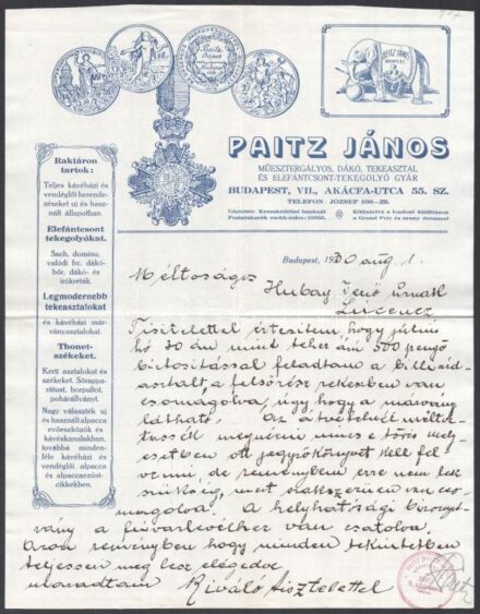 1930 Bp., Paitz János műesztergályos, dákó, tekeasztal és elefántcsont-tekegolyó kereskedő saját kezű levele Hubay Jenő (1858-1937) hegedűművész, zeneszerző részére, amelyben értesíti, hogy feladta számára az általa