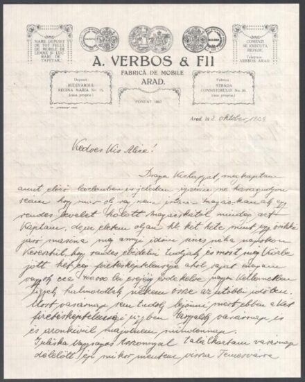 1929 Verbos & FII Fabrica de Mobile Arad fejléces levélpapír és borítékok levéllel