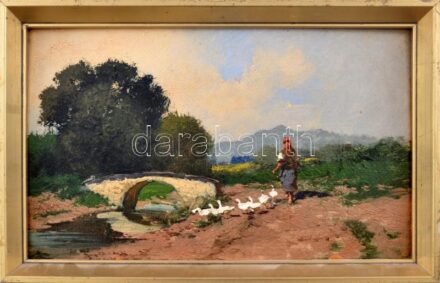 Neogrády (?) jelzéssel: Libapásztorlány. Olaj, karton. Dekoratív fakeretben. 20x33 cm