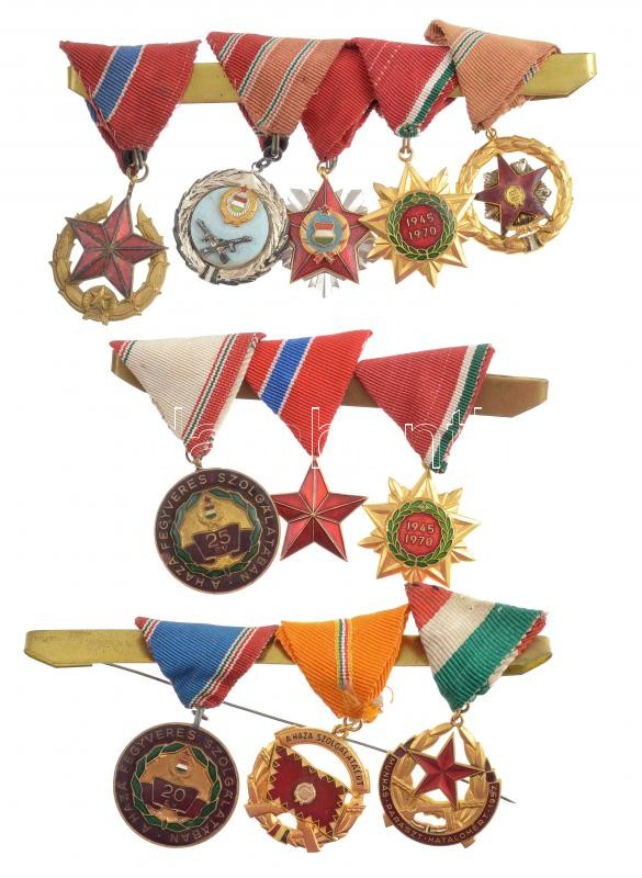 11db-os vegyes magyar szocialista kitüntetés-tétel összesen 3db pánton, közte 1951. 'Közbiztonsági Érem' bronz fokozata a karhatalom tagjai részére, mellszalagon + 1957. 'Munkás-Paraszt Hatalomért Emlékérem' aranyozott, zománcozott