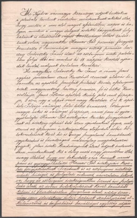 1861 Nyitra (Felvidék), vármegyei elöljárók által kiadott okiratról kézzel írt korabeli ismertető levél arról, hogy Hamar Pál érsekújvári kerületi főügyész az úrbéri birtokrendezésben kifejtett munkájáért Scitovszky János