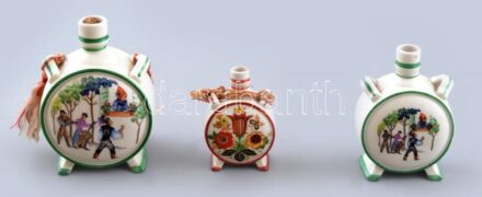 3 db Zsolnay kulacs magyaros mintákkal. Kézzel festett, jelzett, 12-7,5 cm