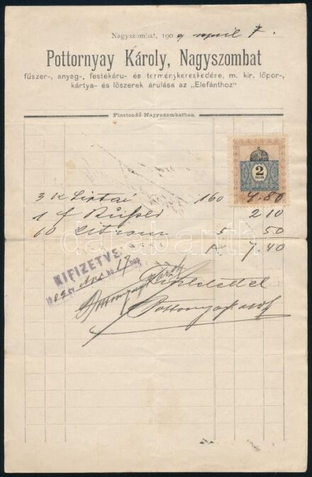 1909 Pottornay Károly nagyszombati (Felvidék) vegyeskereskedő okmánybélyeggel ellátott számlája saját kezű aláírásával, hajtott, jó állapotban