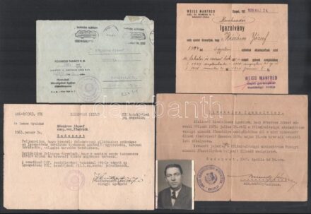 1924-1957 Vízügyi főmérnök törzslapja, közte Weiss Manfréd Acél és Fémművei Rt. munkaadói igazolványa (1929) és a Földművelésügyi minisztérium igazolványa (1947), fényképpel.