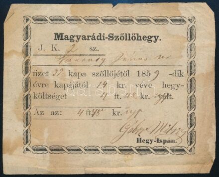 1895 Magyarárdi-szőlőhegy hegyköltségi díjának számlája, (Aradhoz közel), hegyispán aláírásával, foltos, hajtott, kis szakadással, 9x11 cm