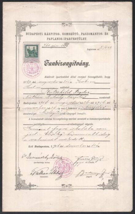 1916 Tanubizonyítvány kárpitos részére. Hajtva.