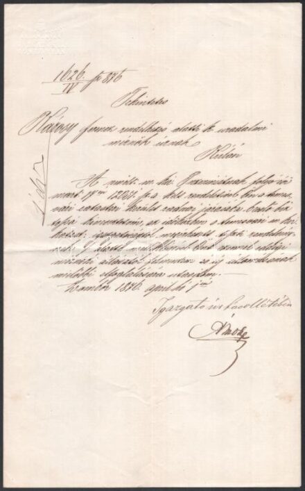 1876 A zombori M. Kir. Államvasutak Igazgatóságának fejléces levele mérnök részére.
