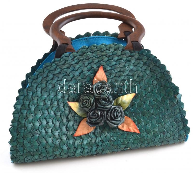 Zöld szalmafonatú női táska, sérülésekkel, 35×23 cm