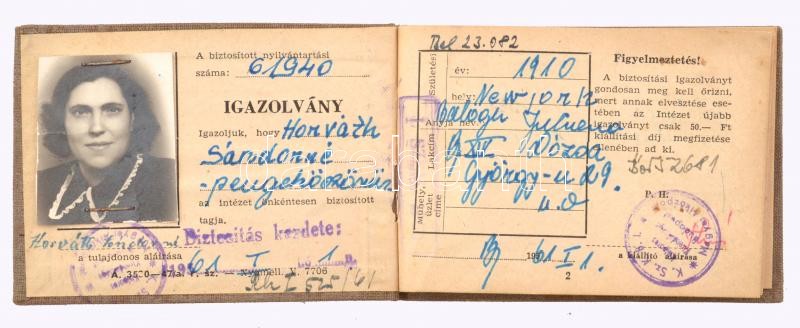 1961 Kisipari Szövetkezetek Kölcsönös Biztosító Intézete fényképes önkéntes biztosítási igazolvány, New York-i születésű pengeköszörűs részére
