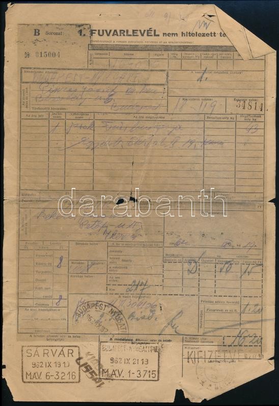 1962 MÁV fuvarlevél, Budapest-Nyugati Pályaudvar-Sárvár, szakadt, hajtott.
