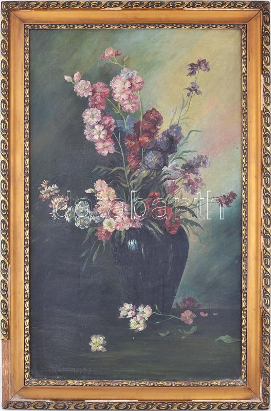 Jelzés nélkül, feltehetően XX. sz. első fele: Csendélet. Olaj, vászon. Kissé sérült. Dekoratív, sérült fakeretben. 84x50 cm.