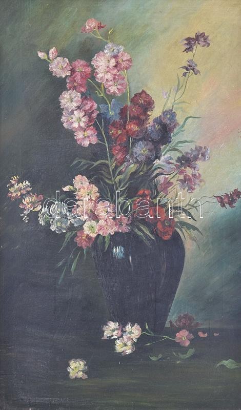 Jelzés nélkül, feltehetően XX. sz. első fele: Csendélet. Olaj, vászon. Kissé sérült. Dekoratív, sérült fakeretben. 84x50 cm. - Image 2